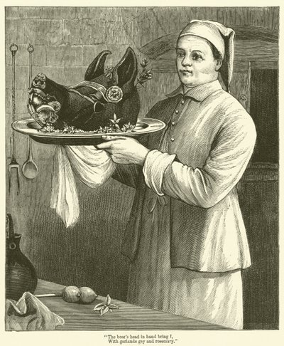 "Głowa dzika w ręku przynoszę, Z girlandami wesołymi i rozmarynem" (rycina) autorstwa English School
