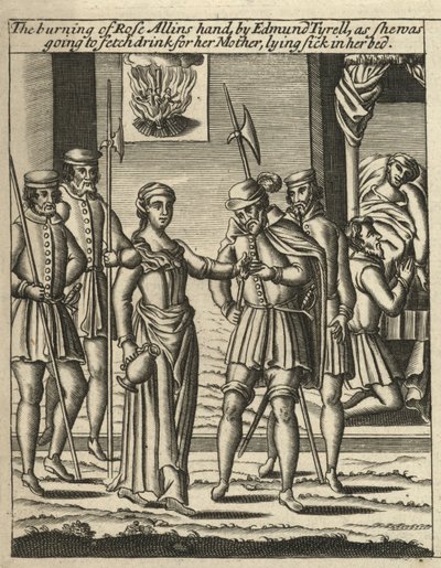 Spalenie ręki Rose Allins przez Edmunda Tyrella (rycina) autorstwa English School