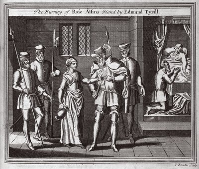 Palenie ręki Rose Allins przez Edmunda Tyrilla, ilustracja z Foxes Martyrs c.1703 autorstwa English School