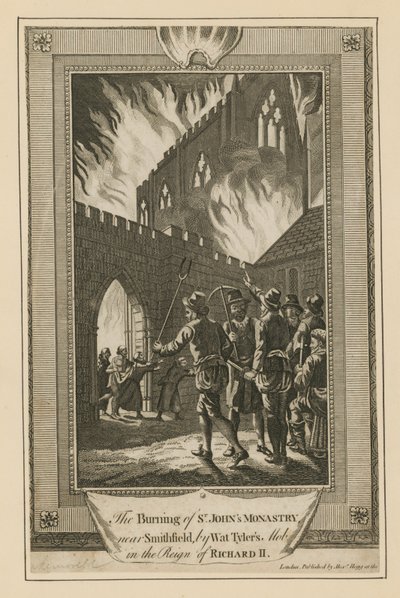 Spalenie klasztoru St Johns w pobliżu Smithfield przez Wat Tylers mob autorstwa English School