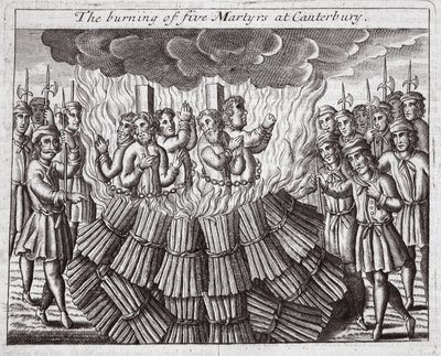 Spalenie pięciu męczenników w Canterbury, ilustracja z "Acts and Monuments" Johna Foxe