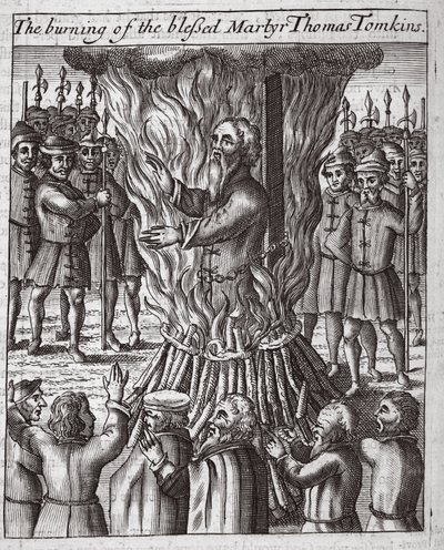 Spalenie błogosławionego męczennika Thomasa Tomkinsa, ilustracja z "Acts and Monuments" Johna Foxe