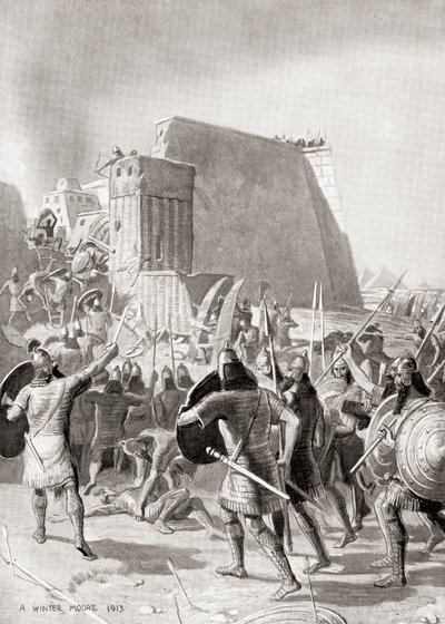 Zdobycie Memfis w Egipcie przez asyryjskiego króla Asarhaddona, 671 pne, z Historii Narodów Hutchinsona, wyd. 1915 autorstwa English School