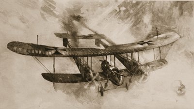 Nadchodzi wielki samolot bojowy: dwupłatowy niemiecki dwupłatowiec, z którym walczyli brytyjscy lotnicy, z The Illustrated War News autorstwa English School
