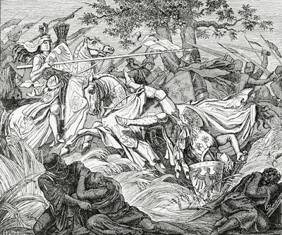 Śmierć Manfreda w bitwie pod Benewentem, 26 lutego 1266, 1882 r. autorstwa English School