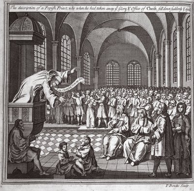 Opis kapłana papieskiego, który odebrał Chwałę i urząd Chrystusowy, upadł nagle i umarł, ilustracja z Foxes Martyrs c.1703 autorstwa English School