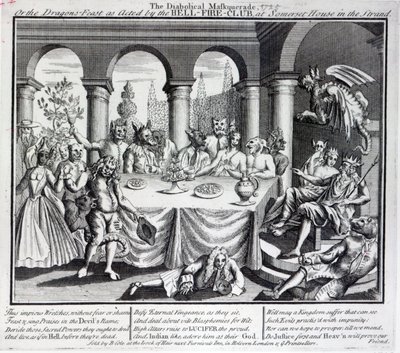 Diaboliczna maskarada, czyli uczta smoków w wykonaniu Klubu Ognia Piekielnego, w Somerset House na Strandzie, ok. 1721 r. autorstwa English School