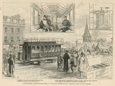 Elektryczny tramwaj-wagon wypróbowany na linii tramwajowej West Metropolitan przy Kew Bridge autorstwa English School