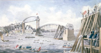 Pływanie ostatniego przęsła mostu Royal Albert Bridge, Saltash (wc na papierze) autorstwa English School