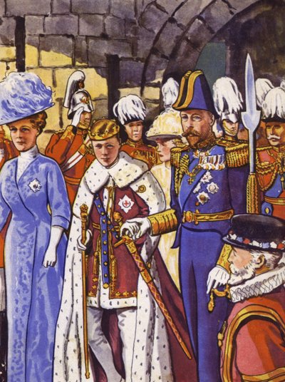 Przyszły król Edward VIII zainwestowany jako książę Walii (kolor lito) autorstwa English School