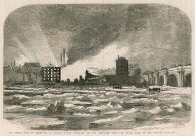 Wielki pożar w Bankside w piątek wieczorem 14 lutego 1855 r. naszkicowany z północnego brzegu Tamizy autorstwa English School