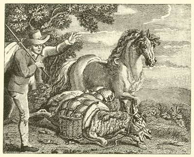 Koń i obładowany osioł (rycina) autorstwa English School
