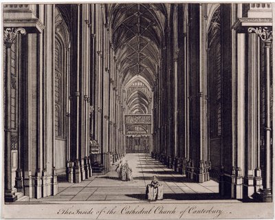 Wnętrze katedry w Canterbury”, z widokiem na nawę, od strony zachodniej, ok. 1700-43 autorstwa English School