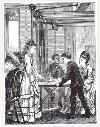 Przyrządy do przenoszenia wiadomości w Post Office Telegraph Headquarters, Telegraph Street, Londyn, z The Graphic, 1871 autorstwa English School