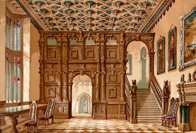 Wnętrze Methley Hall, Yorkshire, Anglia przed jego zburzeniem w 1963, z Old England: A Pictorial Museum, wyd. 1847 autorstwa English School