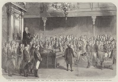 Nieżyjący już książę Wellington w Izbie Gmin, adresowany przez marszałka (grafika) autorstwa English School