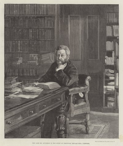 Nieżyjący już pan Spurgeon w swoim gabinecie w Westwood, Beulah Hill, Norwood (grafika) autorstwa English School