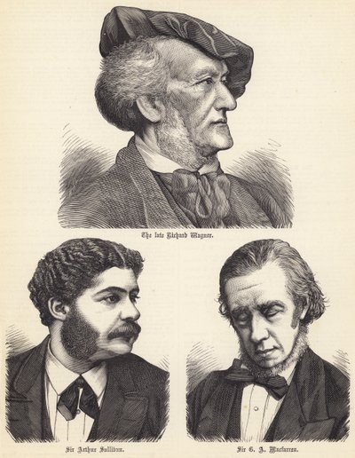 Nieżyjący już Richard Wagner, Sir Arthur Sullivan, Sir GA Macfarren (grafika) autorstwa English School
