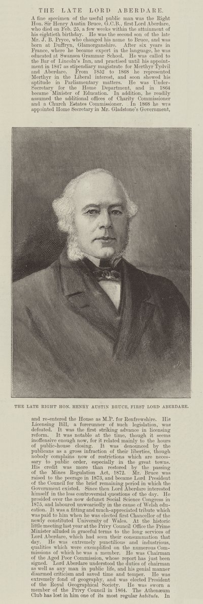 Nieżyjący Wielce Honorowy Henry Austin Bruce, Pierwszy Lord Aberdare (rycina) autorstwa English School