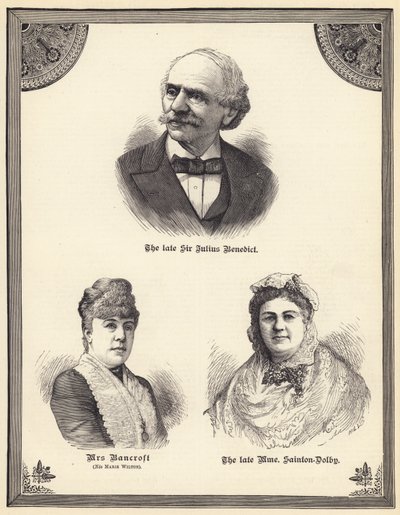 Nieżyjący już Sir Julius Benedict, pani Bancroft (z domu Marie Wilton), nieżyjąca już Madame Sainton Dolby (grafika) autorstwa English School