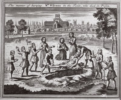 Sposób chowania na polach Wm Wisemana, który zmarł w więzieniu, ilustracja z Foxes Martyrs c.1703 autorstwa English School