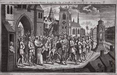 Sposób przeprowadzenia Nicholasa Burtona przez Sewillę na miejsce jego męczeństwa, ilustracja z Foxes Martyrs c.1703 autorstwa English School