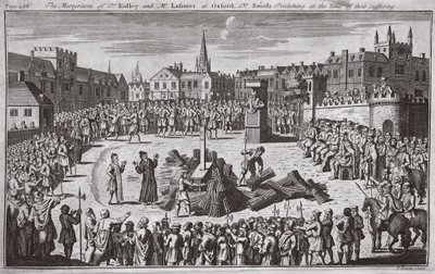 Męczeństwo dr Ridleya i pana Latimera w Oksfordzie, dr Smith wygłaszający kazanie w czasie ich cierpienia, ilustracja z "Foxes Martyrs" ok. 1703 r. (litografia) autorstwa English School