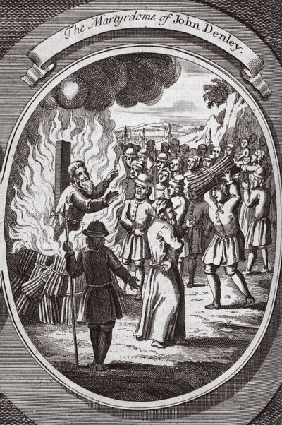 Męczeństwo Johna Denleya, ilustracja z „Foxes Martyrs” ok. 1703 r. (litografia) autorstwa English School