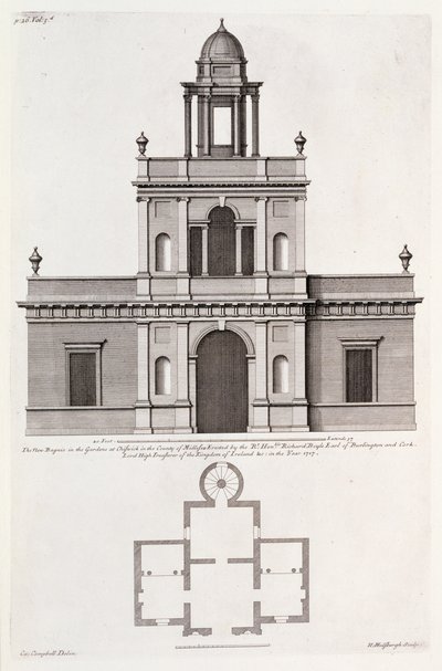 Nowe „Bagnio” w ogrodach w Chiswick House, z „Vitruvius Britannicus lub The British Architect” Colena Campbella (rycina) autorstwa English School