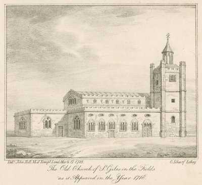 Stary kościół St Giles in the Fields w Londynie, jak wyglądał w 1718 roku autorstwa English School
