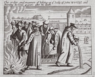 Kolejność i sposób zabrania ciała Johna Wickliffa i spalenia jego kości 44 lata po jego śmierci, ilustracja z Acts and Monuments Johna Foxe