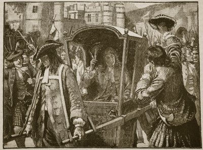 Mieszkańcy Edynburga eskortujący księcia Hamiltona do Pałacu Holyrood, ilustracja z Cassells Illustrated History of England (zdjęcie w sepii) autorstwa English School