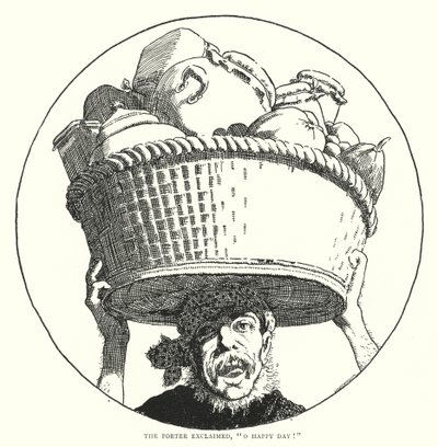 Portier wykrzyknął: "Szczęśliwy dzień!". (rycina) autorstwa English School