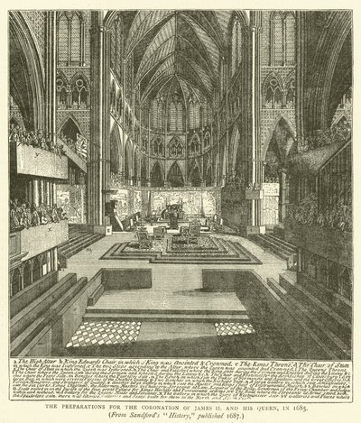 Przygotowania do koronacji Jakuba II i jego królowej w 1685 r. z „Historii” Sandforda wydanej w 1687 r. (rycina) autorstwa English School