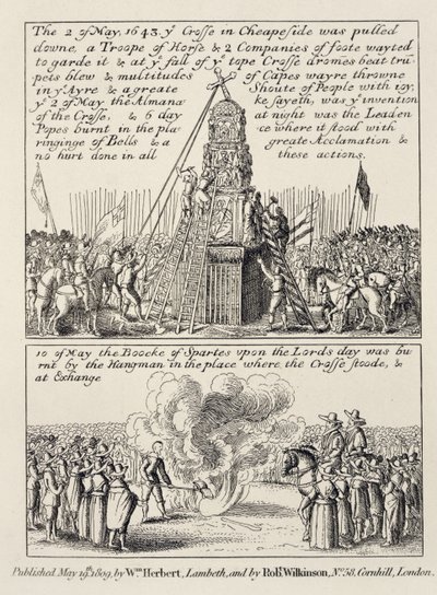 Zburzenie Krzyża Cheapside przez obrazoburców i purytanów oraz spalenie Księgi Sportu dla tego samego sportu w następną niedzielę maja 1643, 1809 autorstwa English School