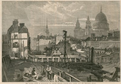 Kolej pracuje w Blackfriars i otwiera się w kierunku Ludgate Hill w Londynie, widziana z tymczasowego mostu autorstwa English School