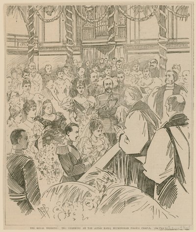 Ślub królewski, ceremonia przy balach ołtarzowych, kaplica Pałacu Buckingham, 23 lipca 1896 r. autorstwa English School