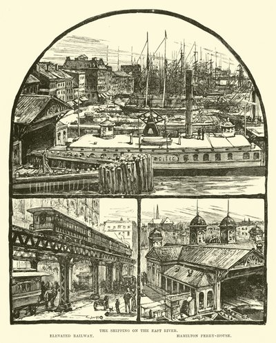 Żegluga na East River; Podwyższona kolej; Hamilton Ferry-house autorstwa English School