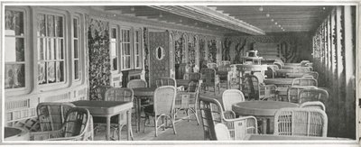 Wspaniała paryska kawiarnia na Titanicu, z treliażami i roślinami pnącymi, z „Sfery”, 20 kwietnia 1912 (lito) (detal 450874) autorstwa English School