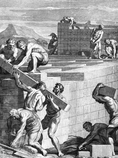 Mury miast wśród Galów zbudowane są z alternatywnych przebiegów kamieni i belek, rytowanych przez Cornelisa Huybertsa, ilustracja do Caesars Commentaries przetłumaczonej na język angielski przez Williama Duncana, autorstwa English School