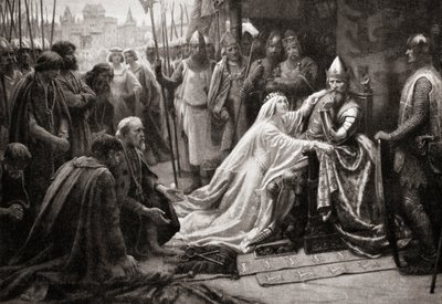 Жена короля Эдуарда III, королева Филиппа Эно, заступается перед мужем с просьбой сохранить жизнь семи горожанам Кале (печать)польский autorstwa English School