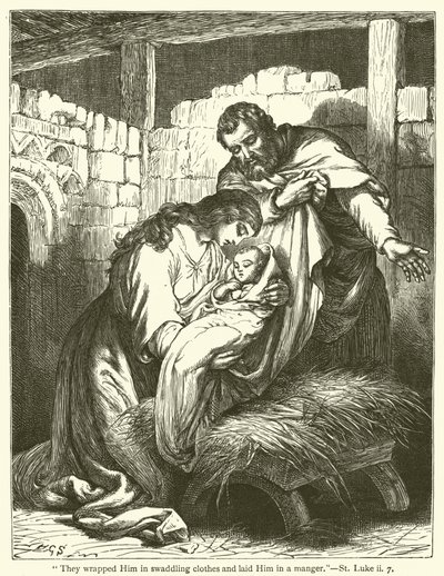 „Owinęli Go w pieluszki i położyli w żłobie”, św. Łukasz, II, 7 (rycina) autorstwa English School