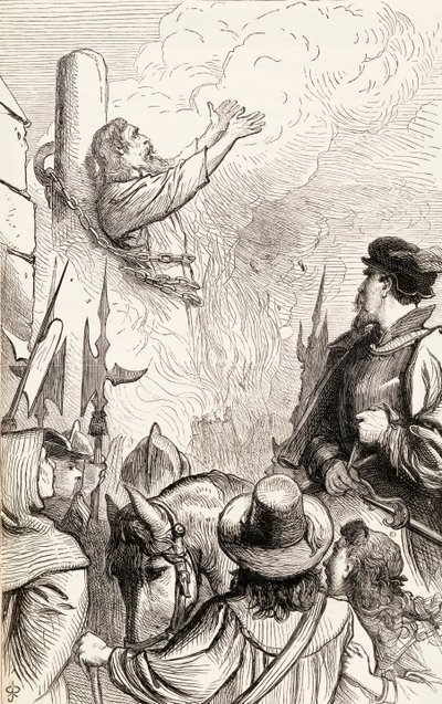 Thomas Hawkes spłonął na stosie podczas prześladowań maryjnych, ok. 1865 r. (drewno) autorstwa English School