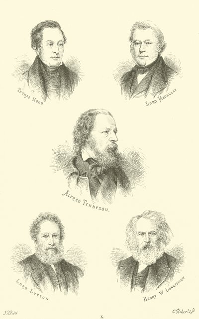 Thomas Hood, Lord Macaulay, Alfred Tennyson, Lord Lytton, Henry W Longfellow autorstwa English School