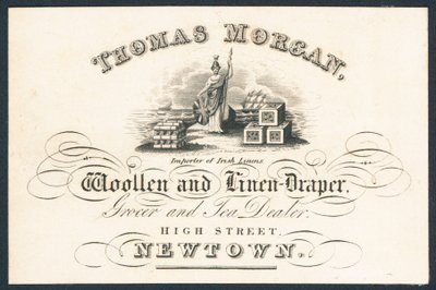 Thomas Morgan, drapieżnik wełniany i lniany, handlarz spożywczy i herbatą, karta handlowa autorstwa English School