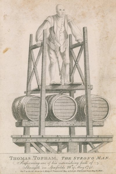 Thomas Topham, siłacz, dokonujący jednego ze swoich zdumiewających wyczynów siły w Spitalfields, 28 maja 1741 autorstwa English School