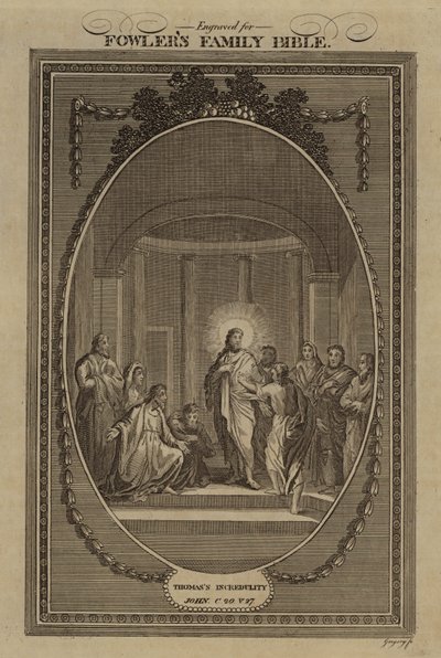 Niedowierzanie Tomasza, Jan, rozdział 20, werset 27 (rycina) autorstwa English School