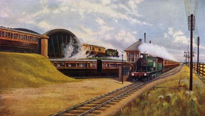 Trzy pociągi ekspresowe London i South Western Railway w Battledown Junction w Hampshire (kolor lito) autorstwa English School