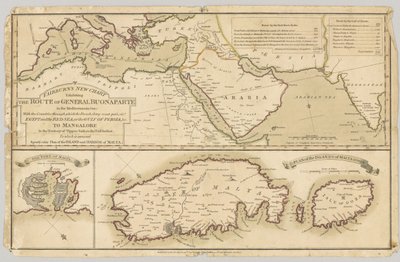 Trzy wydrukowane kolorowe mapy: Nowa mapa Fairburns przedstawiająca drogę generała Bonaparte na Morzu Śródziemnym, 1798 autorstwa English School