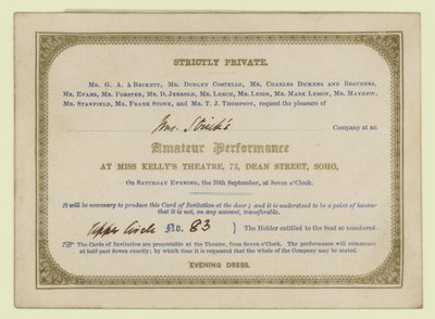Bilet na amatorskie przedstawienie dramatyczne Charlesa Dickensa, 1845 autorstwa English School